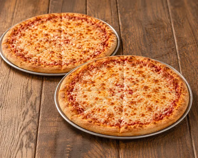 Two large cheese pizzas