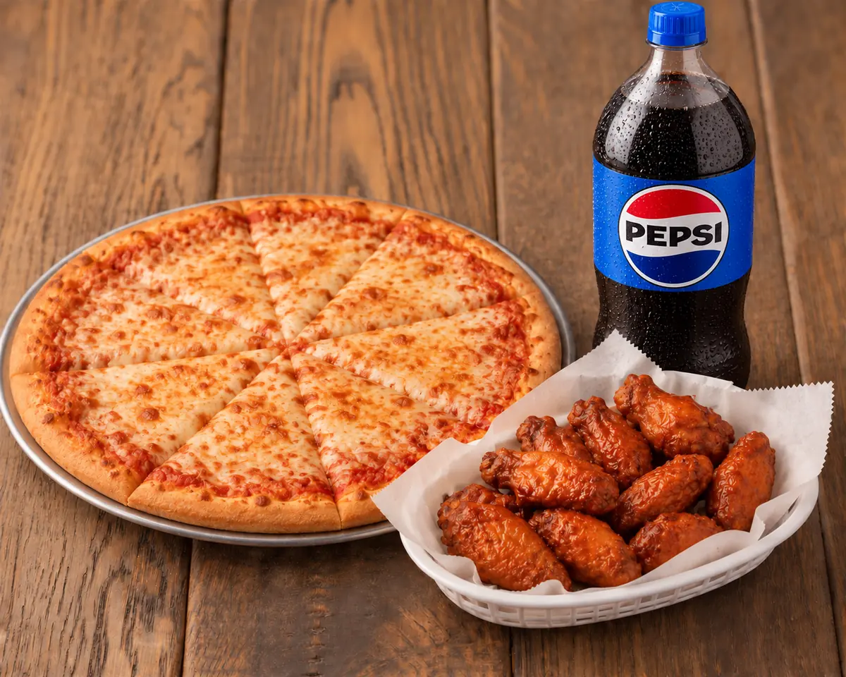 Large cheese pizza, 12 wings and a 2-liter soda